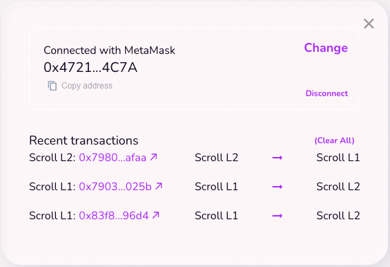 A preview of the Bridge UI showing recent transactions.