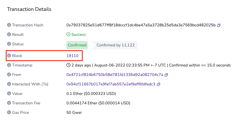 Viewing the transaction details and block number of bridging an asset.