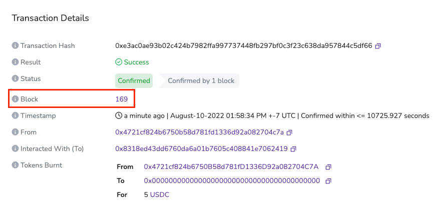Viewing the transaction details and block number of a widthdrawn asset.